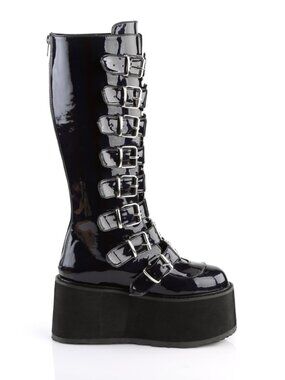 Black Hologram Vegan Leather Knee-High Boots 8 Buckle Straps